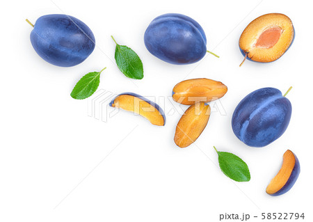 fresh blue plum and half with leaves isolated on white background. Top view. Flat lay 58522794