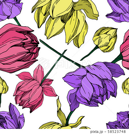 Vector Lotus floral botanical flower. Black and white engraved ink art. Seamless background pattern. 58523748
