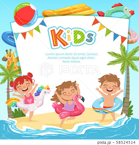 Background template with pictures of happy kids and various equipment for water park Background template with pictures of happy kids and various equipment for water park 58524514