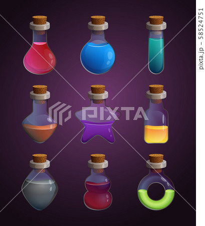 Glass bottles at different shapes with various liquid poison. Tools for game design projects Glass bottles at different shapes with various liquid poison. Tools for game design projects 58524751