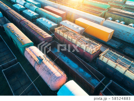 Aerial view of freight trains. Cargo wagons  58524883