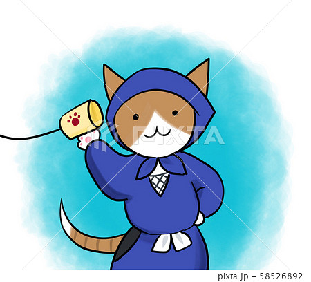 糸電話で応答するニンジャの猫さんのイラスト素材