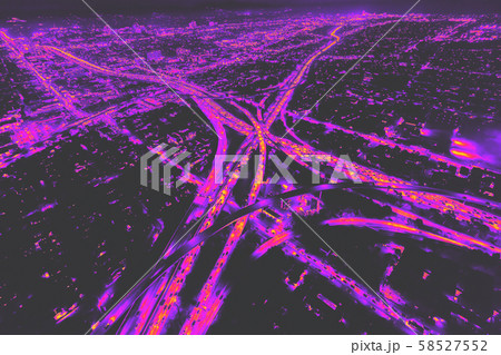 Aerial view of a massive highway in Los Angeles 1980's retro style Aerial view of a massive highway in Los Angeles 1980's retro style 58527552