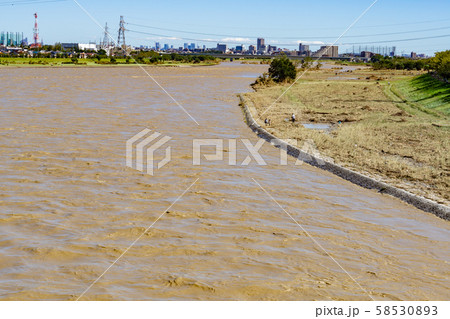 多摩川増水　台風19号　2019年　是政橋から下流を眺める 58530893