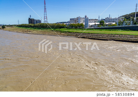 多摩川増水　台風19号　2019年　是政橋から下流を眺める 58530894