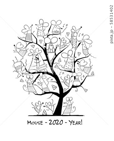 Funny mouses tree, symbol of 2020 year. Greeting card for your design Funny mouses tree, symbol of 2020 year. Greeting card for your design 58531402