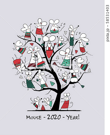 Funny mouses tree, symbol of 2020 year. Greeting card for your design 58531403