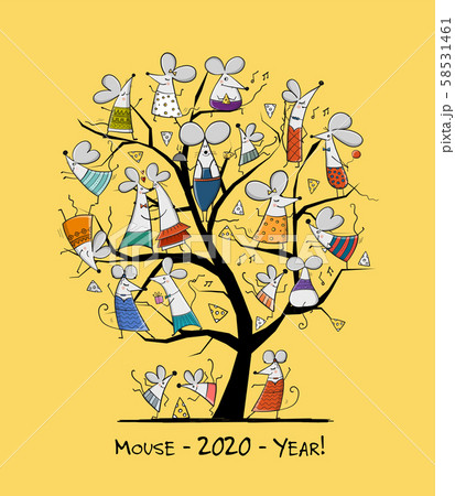 Funny mouses tree, symbol of 2020 year. Greeting card for your design Funny mouses tree, symbol of 2020 year. Greeting card for your design 58531461