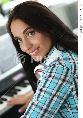 Cute female with professional headset Cute female with professional headset 58532517