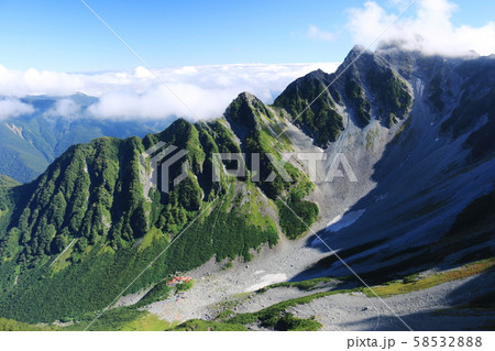 北アルプス 槍穂高連峰縦走 北穂南陵から前穂高岳北尾根と涸沢を望むの写真素材