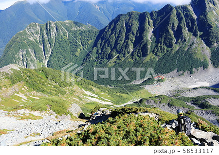 北アルプス　槍穂高連峰縦走　北穂南陵から前穂高岳北尾根と涸沢を望む 58533117