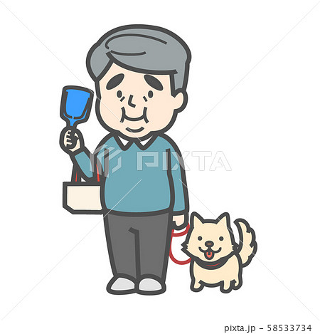 犬の散歩をするおじさん マナーに気を付けているのイラスト素材