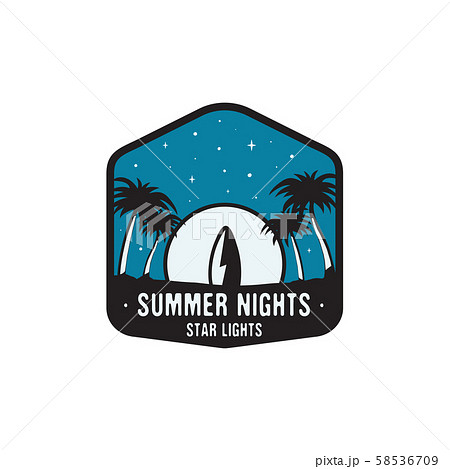 Vintage hand drawn surfing badge and travel concept for print, t-shirt, posters. Beach with palm 58536709