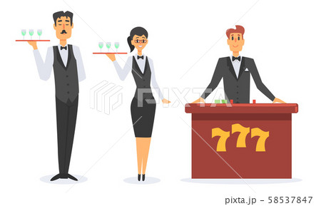 Casino Workers Set, Waiters and Croupier Characters Vector Illustration Casino Workers Set, Waiters and Croupier Characters Vector Illustration 58537847