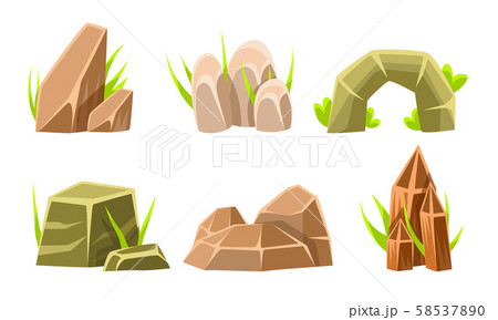 Rocks And Boulders With Grass Set, Summer Landscape Elements Vector Illustration 58537890