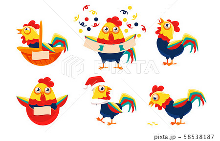 Collection of Roosters with Bright Plumage in Different Situations, Funny Poultry Character Vector 58538187