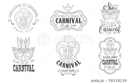 Carnival Mardi Gras Hand Drawn Retro Labels Set, Welcome to Magic Show Monochrome Badges Vector 58538239