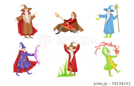 Old Wizard Characters Set, Male Magician or Warlock in Robe Practicing Wizardry Vector Illustration 58538242