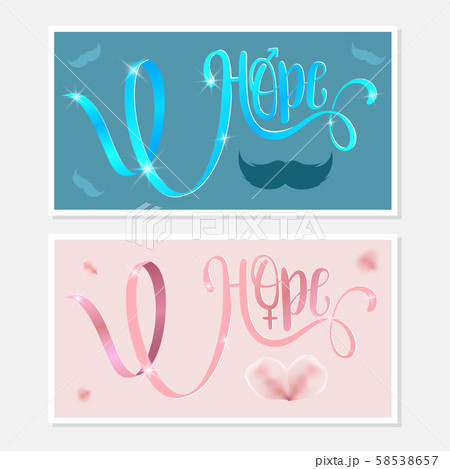 Hope. Awareness Calligraphy Poster Design. Realistic Light Blue and Pink Ribbon. 58538657