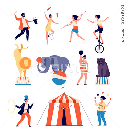 Circus actors. Clown and magician, juggler and balancer, animal trainer and strong man. Shapito 58539501