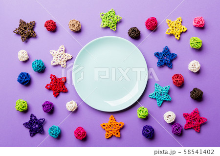 Top view of holiday plate decorated with knitted 58541402