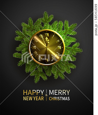Green pine branches, blur decorative Christmas tree branch with golden clock. Vector illustration 58541699