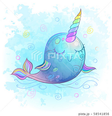 Cute fabulous unicorn whale. Watercolor. Vector illustration 58541856