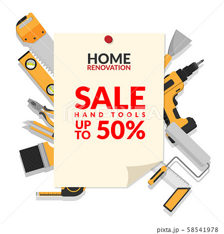 home repair tools set isolated on white background with paper notice with text home renovation hand tools sale up to 50% for hardware store promotion and marketing home repair tools set isolated on white background with paper notice with text home renovation hand tools sale up to 50% for hardware store promotion and marketing 58541978
