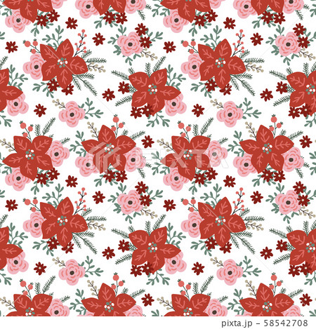 Beautiful Christmas seamless pattern with poinsettia flowers, red berries, fir tree branches on 58542708