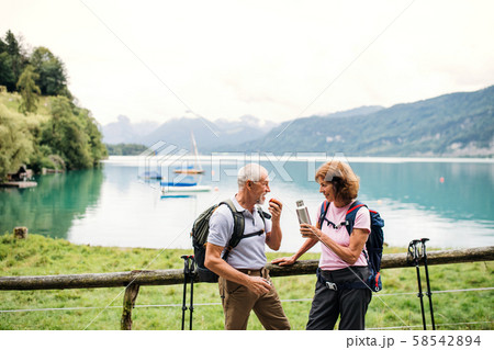 Senior pensioner couple with nordic walking poles hiking in nature, resting. 58542894