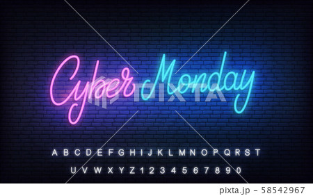 Cyber Monday neon. Glowing lettering sign for online sale discount promotion Cyber Monday neon. Glowing lettering sign for online sale discount promotion 58542967