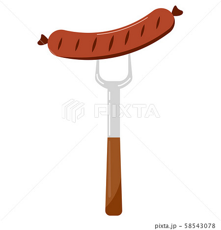 Vector illustration of food flat design hot sausage on a fork icon isolated on white background. 58543078
