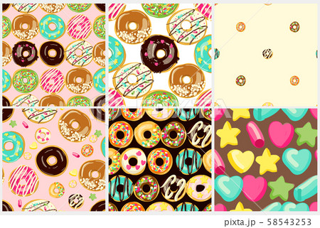 Glazed Donuts seamless pattern set. Bakery Vector illustrations. G;azed doughnuts 58543253
