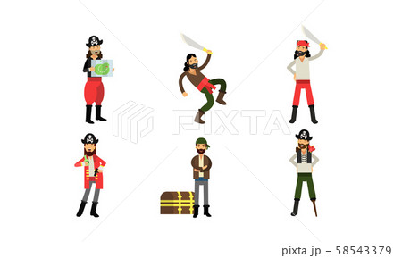Pirate Characters With A Saber Or Parrot In Different Actions And Poses Vector Illustration Set 58543379