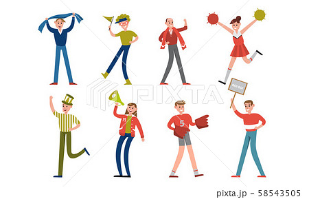 Sports Fans Characters Supporting Teams With Equipment Vector Illustration Set Isolated On White 58543505