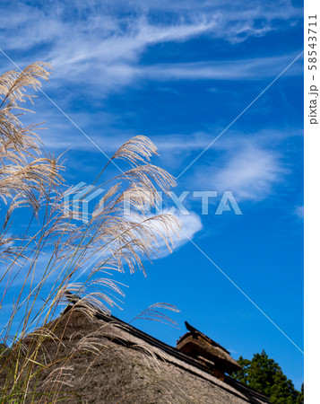 江戸時代の趣そのままの大内宿　青空と茅葺き屋根とススキ 58543711