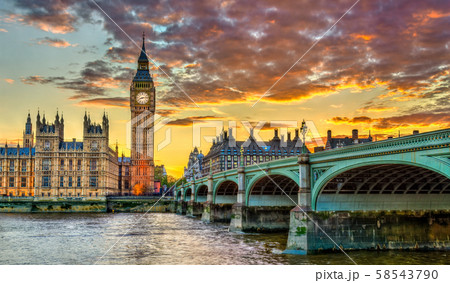 Big Ben and Westminster Bridge in London at sunset - the United Kingdom 58543790
