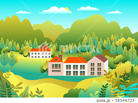 Hills and mountains landscape, house farm in flat 58544725