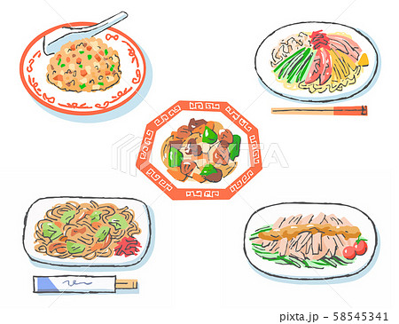 様々な中華料理メニューのセットのイラスト素材