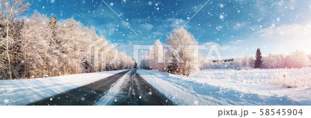 winter road, covered with snow on sunny day winter road, covered with snow on sunny day 58545904