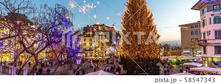 Romantic Ljubljana's city center decorated for Christmas holidays. Preseren's square, Ljubljana Romantic Ljubljana's city center decorated for Christmas holidays. Preseren's square, Ljubljana 58547343