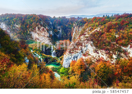 Aerial view on amazing foggy waterfalls in Plitvice lakes 58547457