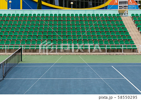 Front view of empty tennis court before competition start 58550295