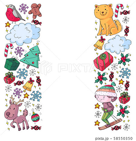 Christmas pattern with little children. Kids play and have fun during winter vacations. 58550350
