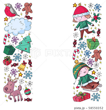 Christmas pattern with little children. Kids play and have fun during winter vacations. Christmas pattern with little children. Kids play and have fun during winter vacations. 58550352