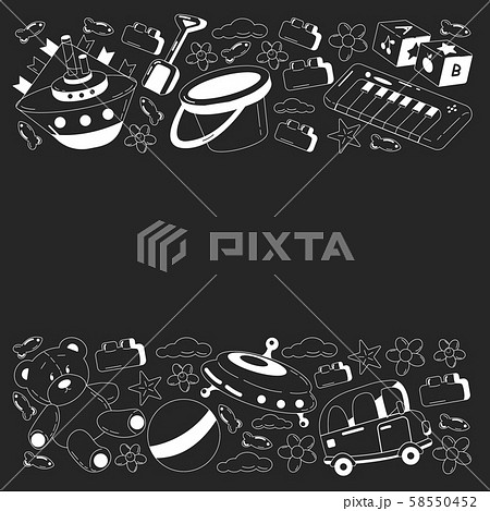 Kindergarten vector pattern with toys. Children play and grow together. 58550452