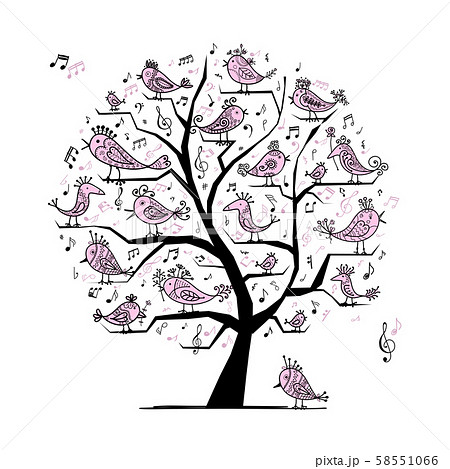 Funny tree with singing birds for your design Funny tree with singing birds for your design 58551066