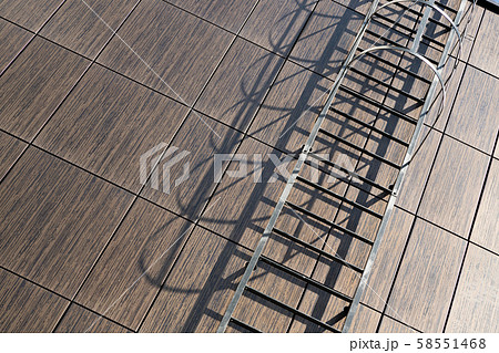 Diagonal view of tiled brown building facade, wood imitation on ceramics. Metallic ladder on wall 58551468
