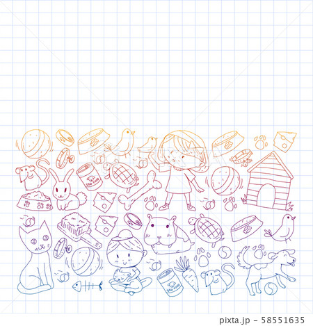 Pet shop. Vector illustration with animals, dog, cat, fish, Colorful background with kitten, bird 58551635
