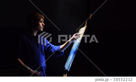 Artist copyist paint seascape with ship in ocean. Vaper smoke vape e-cigarette. Craftsman decorator 58552212